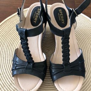 Sperry Women’s Cork Wedge Sandal black leather 7.5